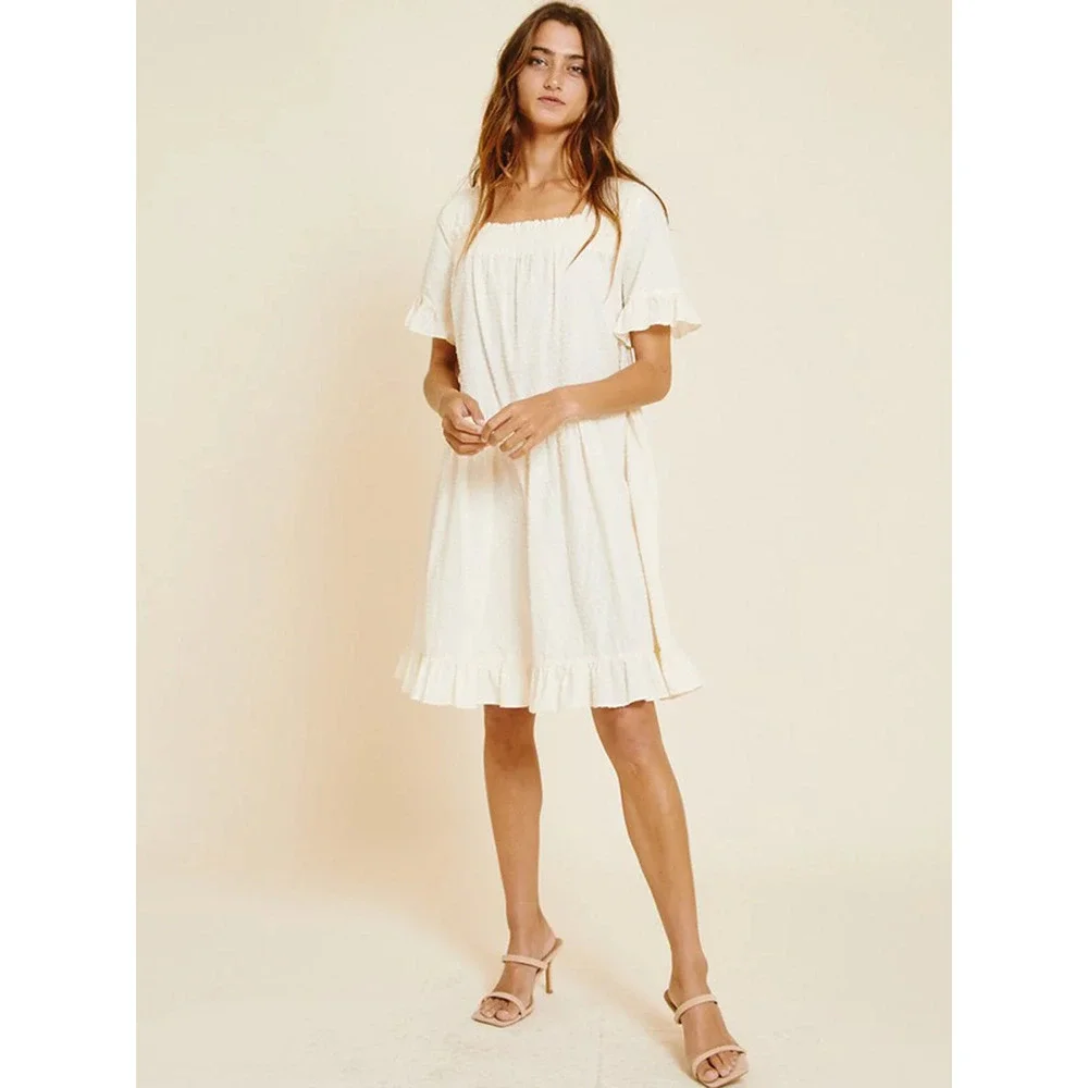 White Ivory Smocked Square Neck Ruffle Hem Dress - Picture 2 of 4